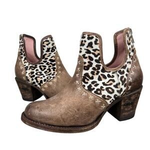 Miss Macie Honey Hush Leopard Leather Ankle Western Cowboy Boot Booties (Sz 8)